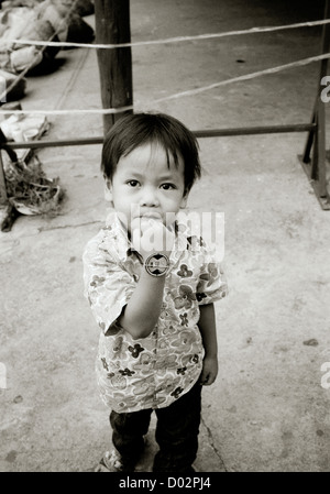 Reisen Fotografie - Portrait eines laotischen Kind in Luang Prabang in Laos in Indochina Südostasien Fernost. Menschen Kindheit Street Scene Stockfoto