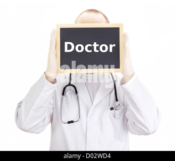 Arzt zeigt Informationen zur Tafel: Arzt Stockfoto