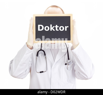 Arzt zeigt Informationen zur Tafel: Arzt Stockfoto
