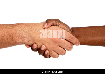 Handshake zwischen Rennen ein weißer Hintergrund Stockfoto