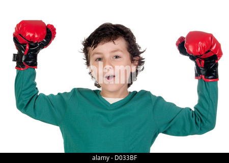 Sieger jungen mit Boxhandschuhen isoliert auf weiss Stockfoto