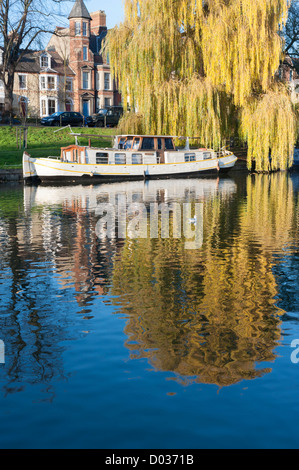 Haus-Boote und Lastkähne vertäut am Fluss Cam an Jesus Green Cambridge UK in schönen Herbstsonne Stockfoto