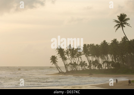 Männer gehen auf einen Strand vor Palmen gesäumten Landzunge, mit Spray von stürmischer See bei Sonnenuntergang, Galle, Sri Lanka Stockfoto