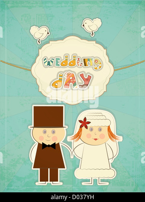 Hochzeit Karte - Bräutigam, Braut, Tauben auf Retro-Hintergrund mit Hand gezeichnet Text Hochzeitstag - Illustration Stockfoto