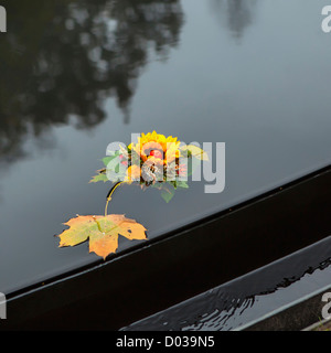 Eine florale Hommage schwimmt auf dem Teich des Denkmals für Roma (Zigeuner) Nazi-Holocaust-Opfer in den Tiergarten, Berlin Stockfoto