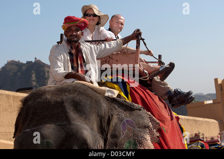 Kostüm Elefant für touristische Fahrten zum Amber Fort Amer in der Nähe von Jaipur Rajasthan Indien Stockfoto