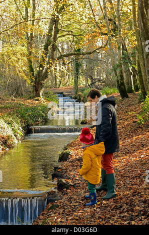 Eine Mutter und kleinen Jungen am Roten Fluss im Tehidy Country Park, Camborne, Cornwall, uk Stockfoto