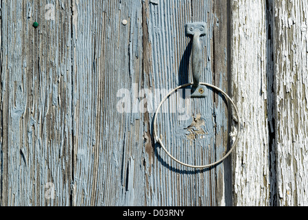 Detail der abblätternde Farbe auf Holz Tür. Stockfoto