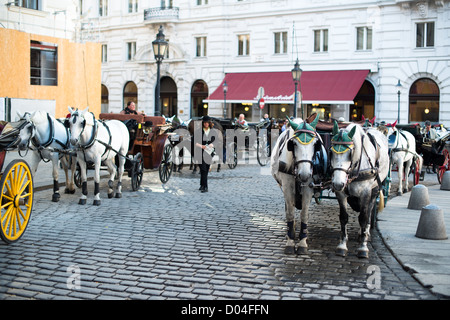 Traditionelle Pferde und Wagen (auch Fiaker genannt) warten in der berühmten Hofburg am 3. Oktober 2012 in Wien, Österreich. Stockfoto