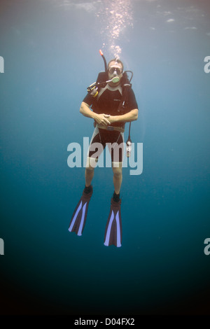 Taucher schweben Mitte Wasser im Ozean Stockfoto