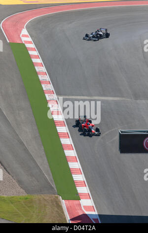 Fahrer Timo Glock von Marussia F1 führt außer der Reihe beim Training für den Formel 1 United States Grand Prix in der Nähe von Austin Stockfoto