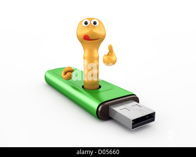 Wurm in den USB-Stick, isoliert auf weiss Stockfoto