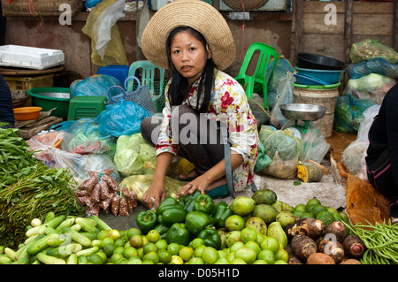 Khmer junge Frau mit einem Hut verkaufen Obst und Gemüse auf einem lokalen grünen Markt, Battambang, Kambodscha Stockfoto