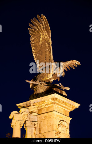 Turul Vogel Bronze Statue aus dem Jahr 1905 in der Nacht, befindet sich neben der Budaer Burg in Budapest, Ungarn. Stockfoto