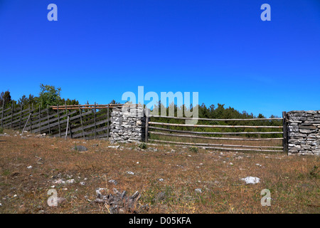 Stein und Holz Zaun und Tor zum Feld auf der Insel Fårö in der Nähe von Gotland in der Ostsee, Schweden. Stockfoto