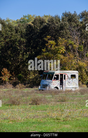 Eine vernachlässigte alte Milchwagen sitzt auf einer Weide gegen eine Reihe von Bäumen in einen Acker. Stockfoto