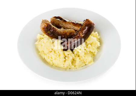 Bangers und Mash Würstchen aus Schweinefleisch und Stampfkartoffeln isoliert auf weiss Stockfoto