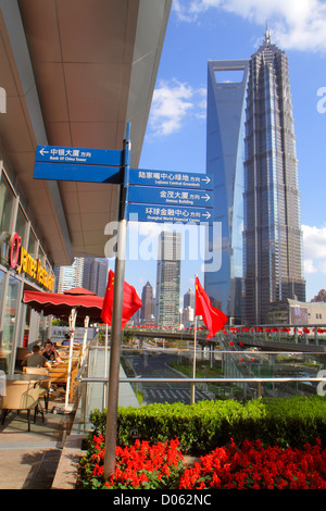 Shanghai China, chinesisches Pudong Lujiazui Finanzviertel, Lujiazui East Road, Lujiazui Fußgängerbrücke, Blick von,Schild,Wegbeschreibungen,Pfeile,Mandarin,hanz Stockfoto