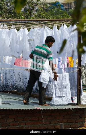 Wäscher bei der Arbeit in der offenen Luft Wäsche Dhobi Ghat in Mumbai, Indien Stockfoto