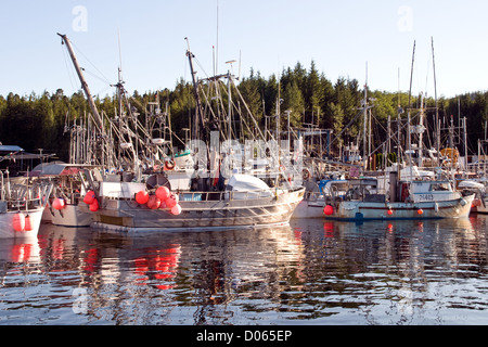 Kommerzielle Fischerboote dockten in der Hafenstadt Shearwater auf Denny Island, im Great Bear Rainforest, Bella Bella, British Columbia, Kanada. Stockfoto
