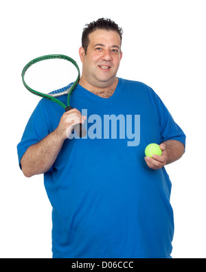 Dicker Mann mit einem Schläger für Tennis spielen isoliert auf weißem Hintergrund Stockfoto