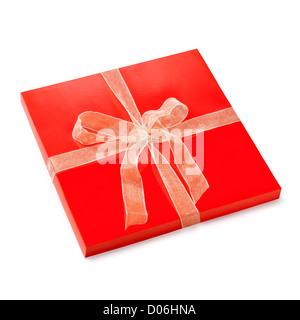 Flache rote Box. Geschenkset mit einem schönen Zurrgurte Bogen. Clipping-Pfad Stockfoto
