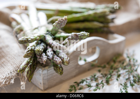 Frisch geernteter Spargel auf einem rustikalen Tablett Stockfoto