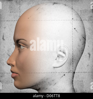 Skizze Zeichnung der jungen Frau mit unfertigen Schattierungen und Farben. 3D Abbildung auf Vintage-Papier. Stockfoto