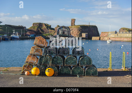 Hummer und Krabben Töpfe im Hafen von Dunbar, mit der alten Burg im Hintergrund. East Lothian, Schottland. Stockfoto