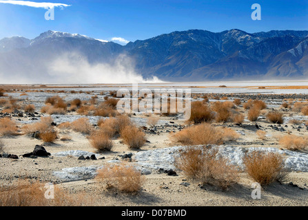 Ein Sandsturm auf dem trockenen Boden eines salzigen Sees im Death Valley Stockfoto