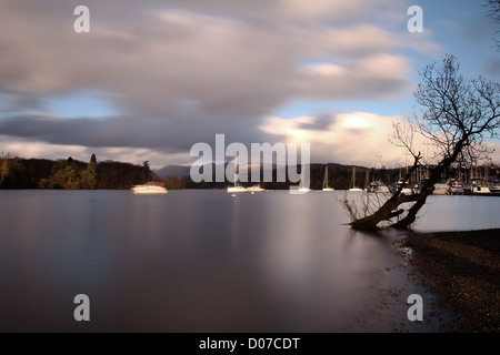 Langzeitbelichtung der Boote am Lake Windermere mit Baum im Vordergrund Stockfoto