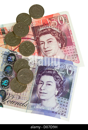 Britische Pfund Sterling Geld mit £50 und £20 Banknoten und Pfund-Münzen UK Stockfoto