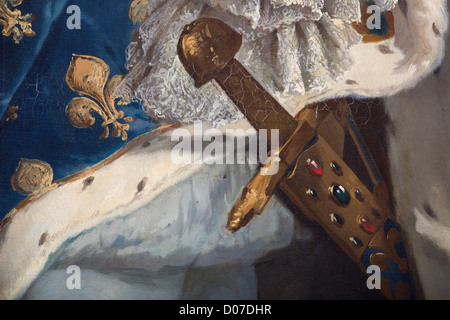 DETAIL-SCHWERT "JOYEUSE" ERINNERUNG JENES KÖNIGS IST CHIEF ARMEEN PORTRAIT LOUIS XIV (1638-1715) KÖNIG FRANKREICH KRÖNUNG KOSTÜM Stockfoto