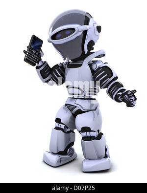 3D Rendering eines Roboter-Zeichens mit einem ein smart Phone Stockfoto