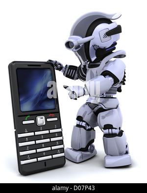 3D Rendering eines Roboter-Zeichens mit einem ein smart Phone Stockfoto
