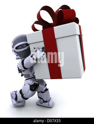 3D Rendern eines Roboters mit Weihnachts-Geschenk-Box mit Schleife Stockfoto