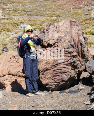 Weibliche Wanderer fotografieren vulkanischen Felsen in der Nähe von Mount Teide auf Teneriffa, Kanarische Inseln, Spanien Stockfoto