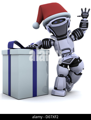 3D Rendern eines Roboters mit Weihnachts-Geschenk-Box mit Schleife Stockfoto