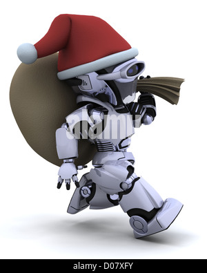 3D Rendern eines Roboters mit Weihnachten Geschenk sack Stockfoto