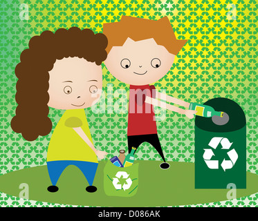 Junge und ein Mädchen, Kunststoff-Flaschen in den Papierkorb werfen Stockfoto