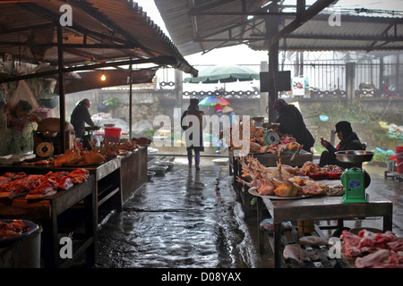 FLEISCH-STÄNDE AUF DEM MARKT DER SAPA VIETNAM ASIEN Stockfoto