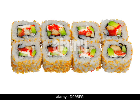 Sushi-Rollen auf weißem Hintergrund Stockfoto