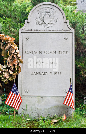 Der Grabstein von Calvin Coolidge an seiner Grabstätte in Plymouth, Vermont. Stockfoto