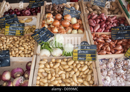 KARTOFFELN FENCHEL ZWIEBELN SCHALOTTEN KNOBLAUCH KISTEN GEMÜSE AUF MARKT GÄRTNER STALL MARKT IN VIC-DE-BIGORRE HAUTES-PYRÉNÉES Stockfoto