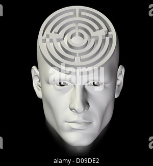 Mann in einem komplexen Labyrinth tief in Gedanken versunken. 3D konzeptionelle Darstellung. Stockfoto