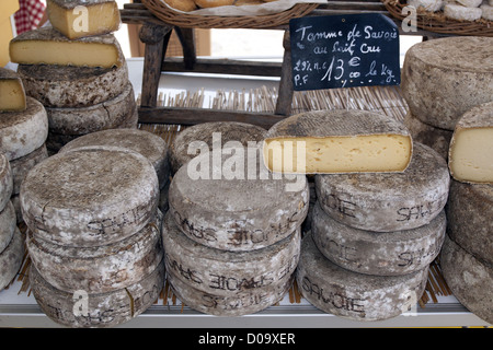 TOMMES DE SAVOIE KÄSE FÜR DEN VERKAUF AUF EIN KÄSER STALL AUF DEM MARKT DER ALLEVARD ISERE RHONE-ALPES FRANKREICH Stockfoto