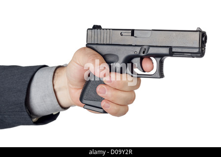 Hand mit Pistole isoliert auf weißem Hintergrund Stockfoto