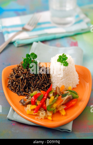 Zwei Reisgerichte mit Gemüse und Pilzen. Rezept zur Verfügung. Stockfoto