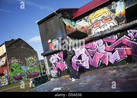 GEBÄUDE IN GRAFFITI-REYKJAVIK-HAUPTSTADT EUROPAS ISLAND BEDECKT Stockfoto