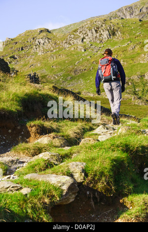 Eine weibliche Wanderer zu Fuß hinauf kleine Wasser-Beck in der Nähe von Haweswater im Lake District. Stockfoto